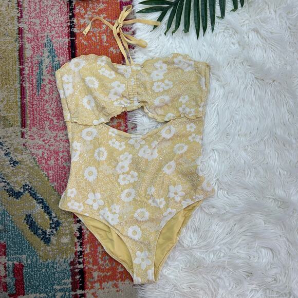 Aerie Yellow Flower Floral Halter Cut Out One Piece Full Coverage Swimsuit XL - Picture 2 of 6